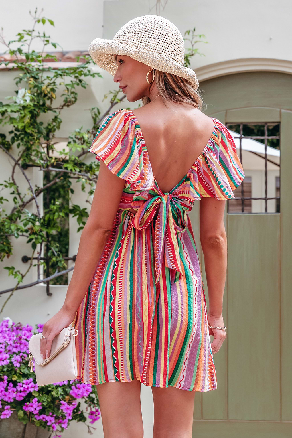 Robe courte à rayures avec smocks