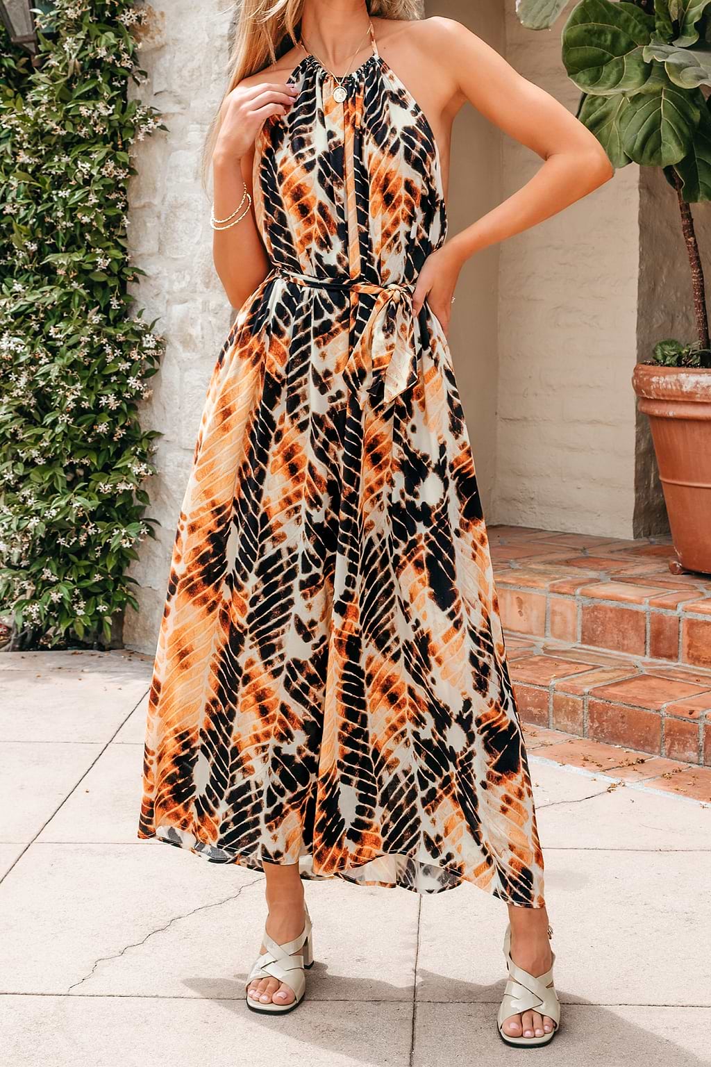 Belted Abstract Print Halterneck Jumpsuit