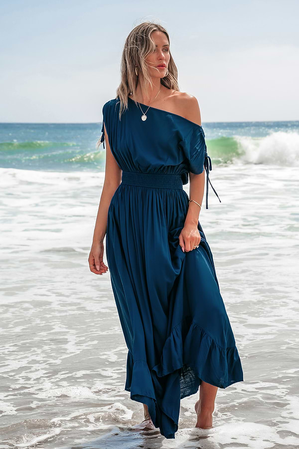 knee length dresses for ladies Light Blue Off Shoulder Sleeveless Ruched Mesh Midi Dress