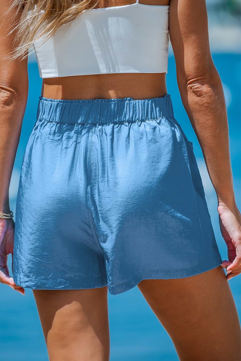 Blue Elastic Waist Patch Pocket Loose Leg Shorts