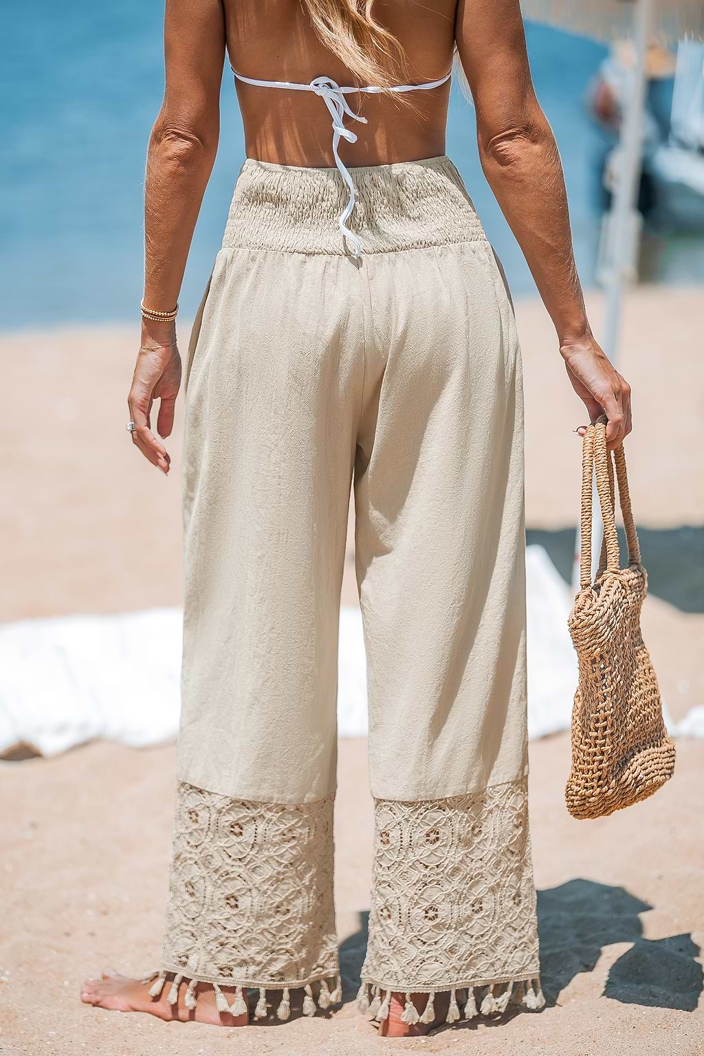 Beige Smocked Waist Lace Hem Tassel Trim Pants