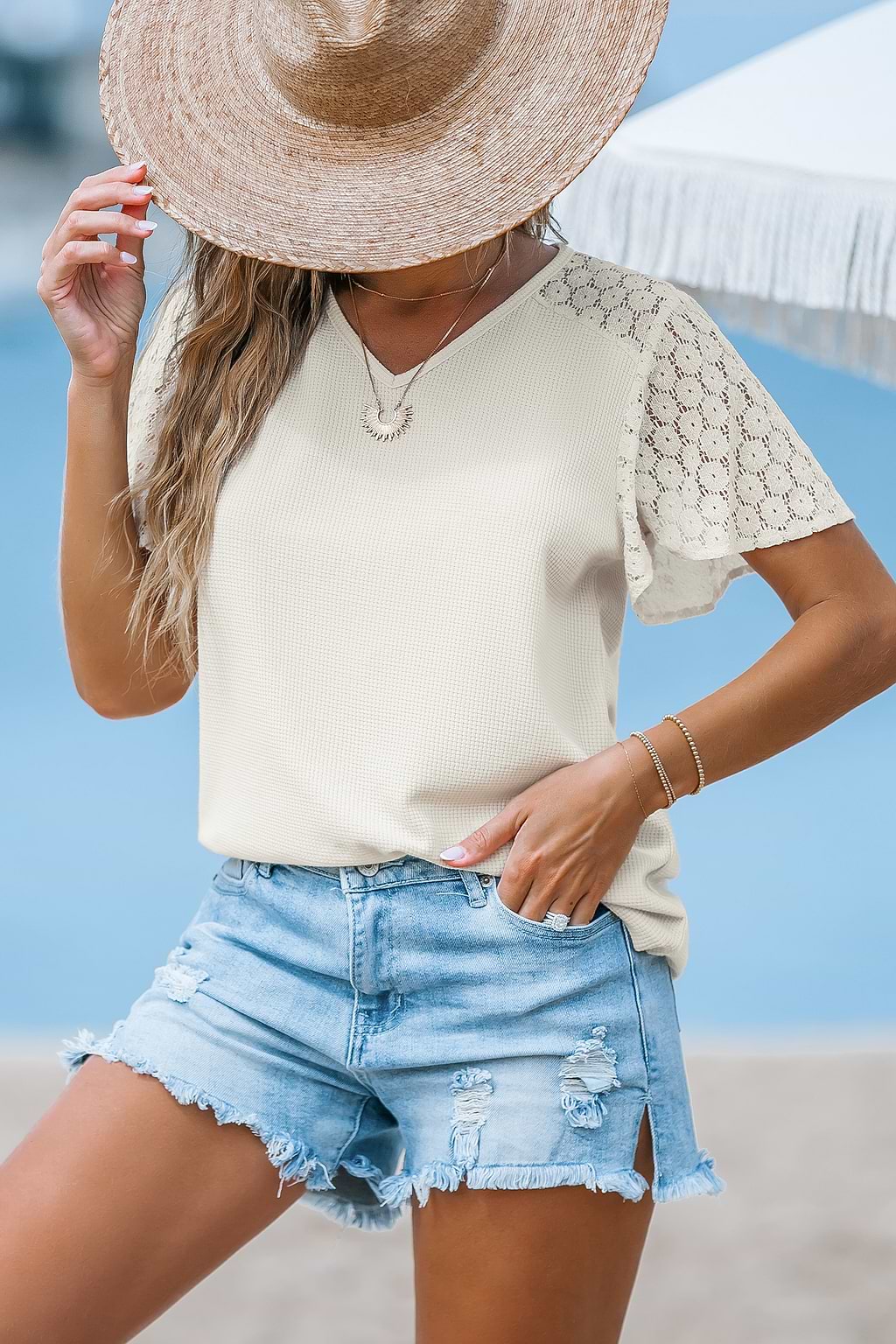 Apricot Lace Short Sleeve V-Neck Tee