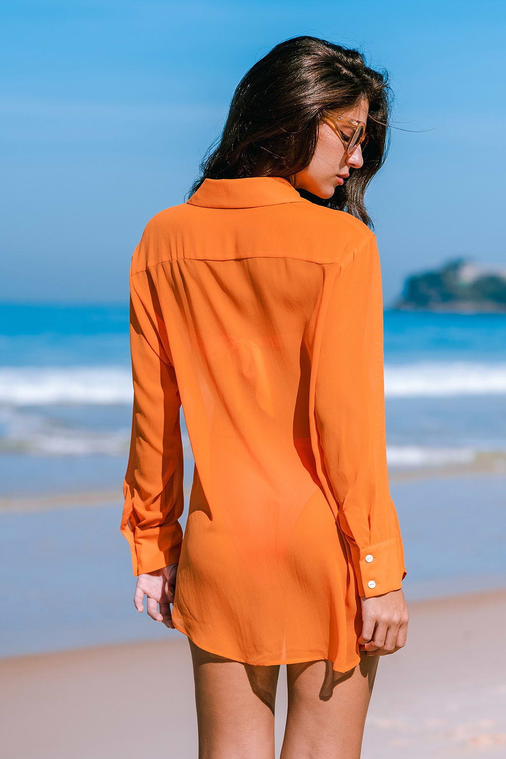 MSW Sunset Orange Sheer Collared Button-Up Cover-Up Top