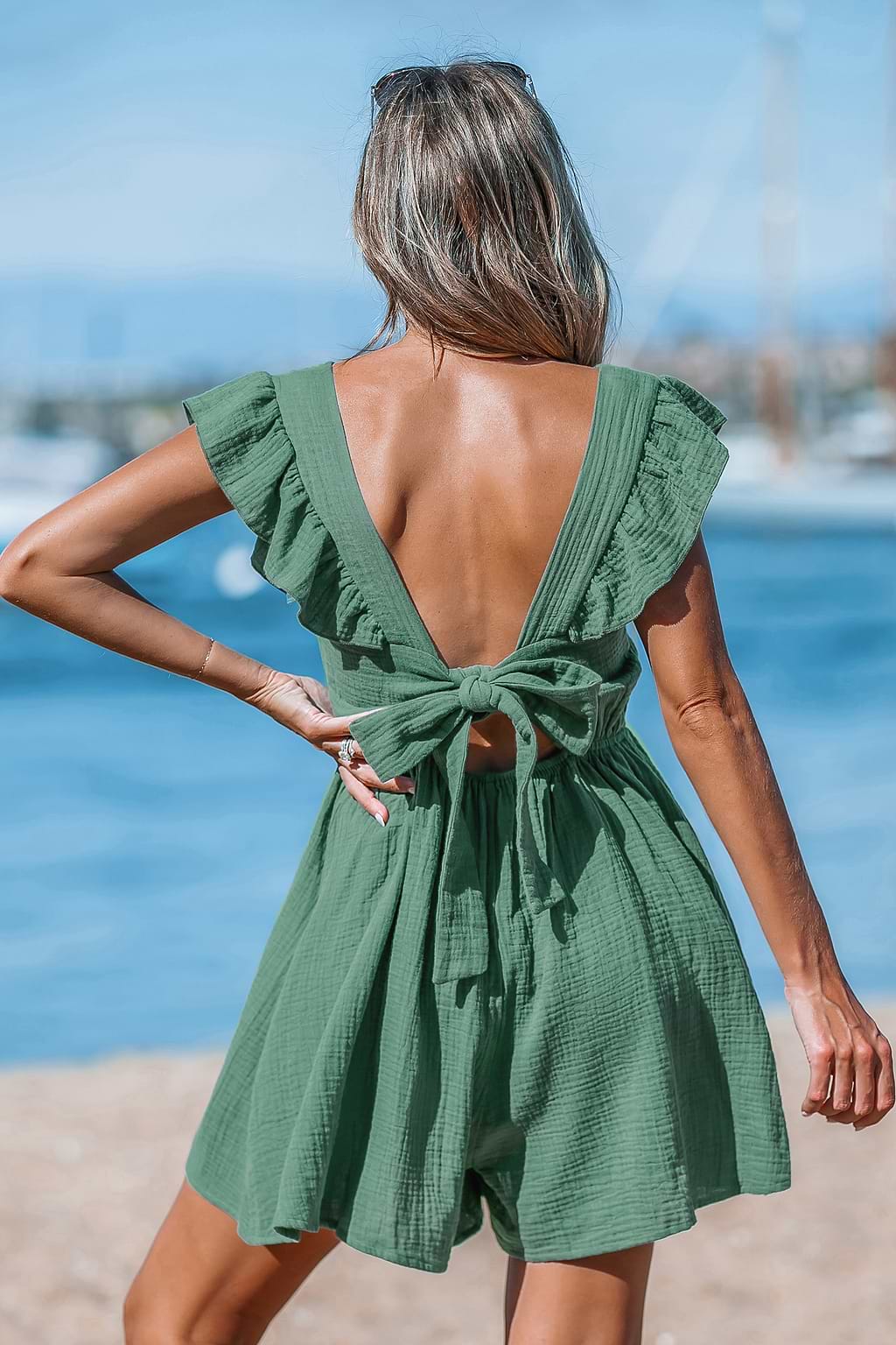 Green Flutter Sleeve Wide Leg Romper