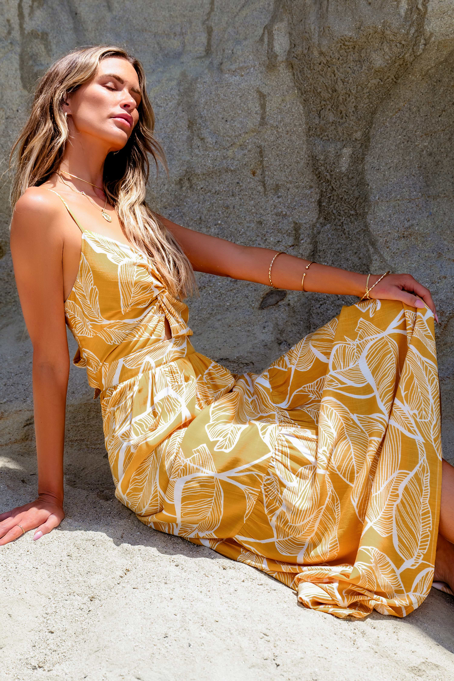 Yellow Tropical Sweetheart Twist & Keyhole Maxi Dress