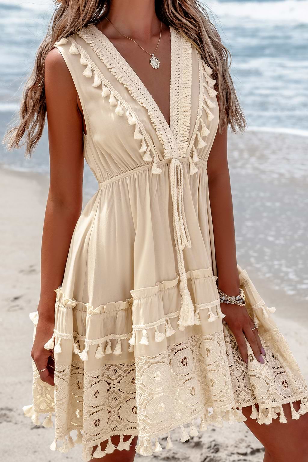 Plunging Tassel & Lace Sleeveless Mini Dress