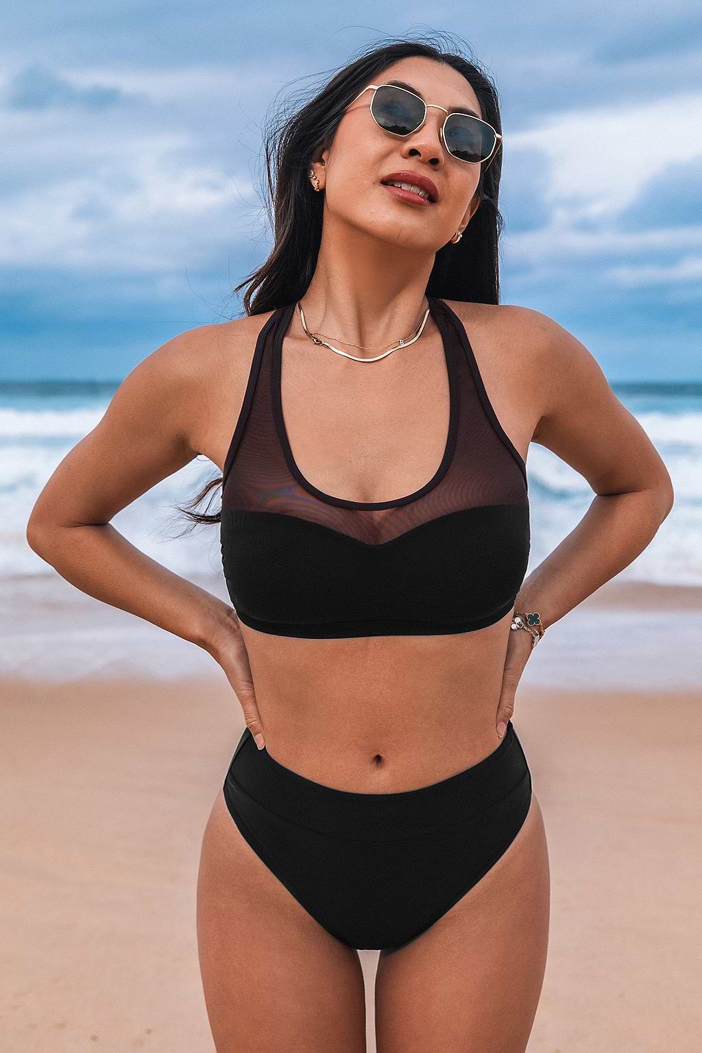 Onyx Racerback Mesh Bikini Top & High-Waisted Bottoms Set
