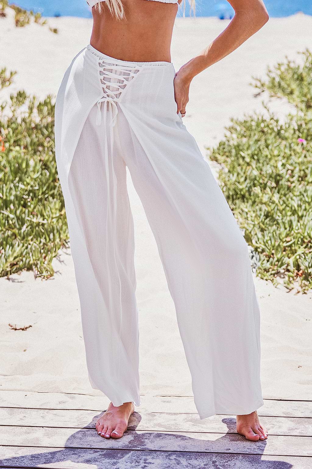 White Lace-Up Straight Leg Pants