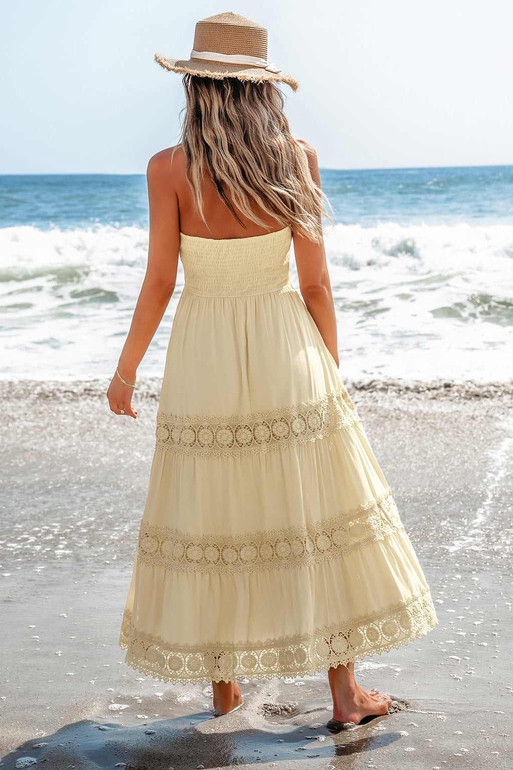 Apricot Smocked Bodice Lace Trim Midi Tube Dress