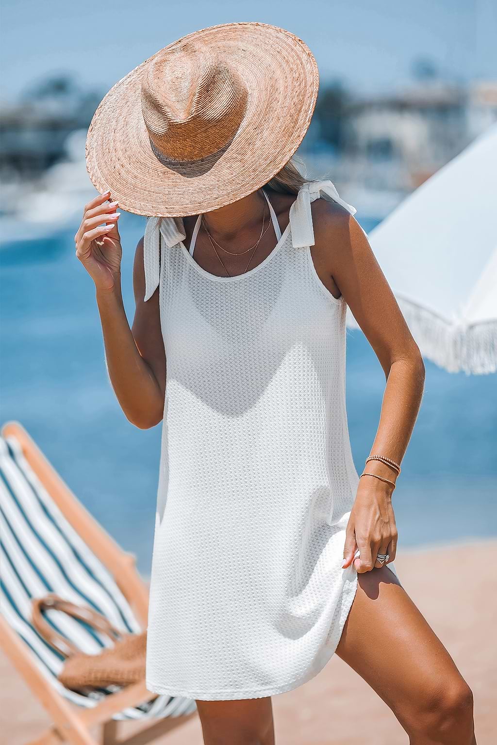Weißes Jersey Cover-Up-Minikleid mit Bindebändern
