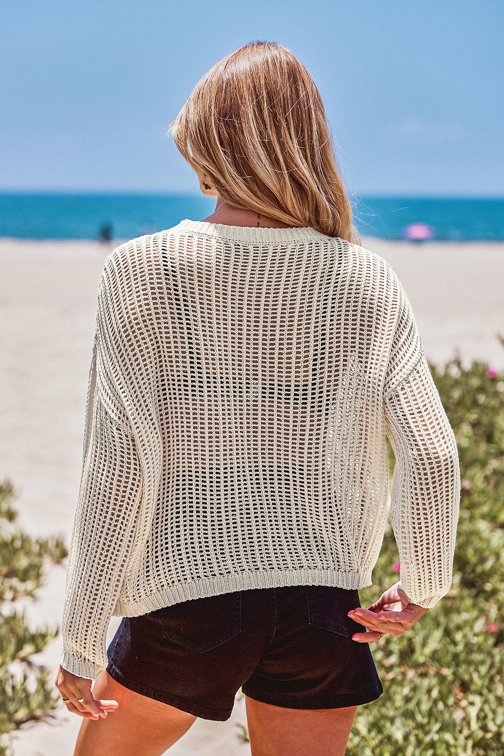 Open Knit Drop Shoulder Long Sleeve Cover-Up