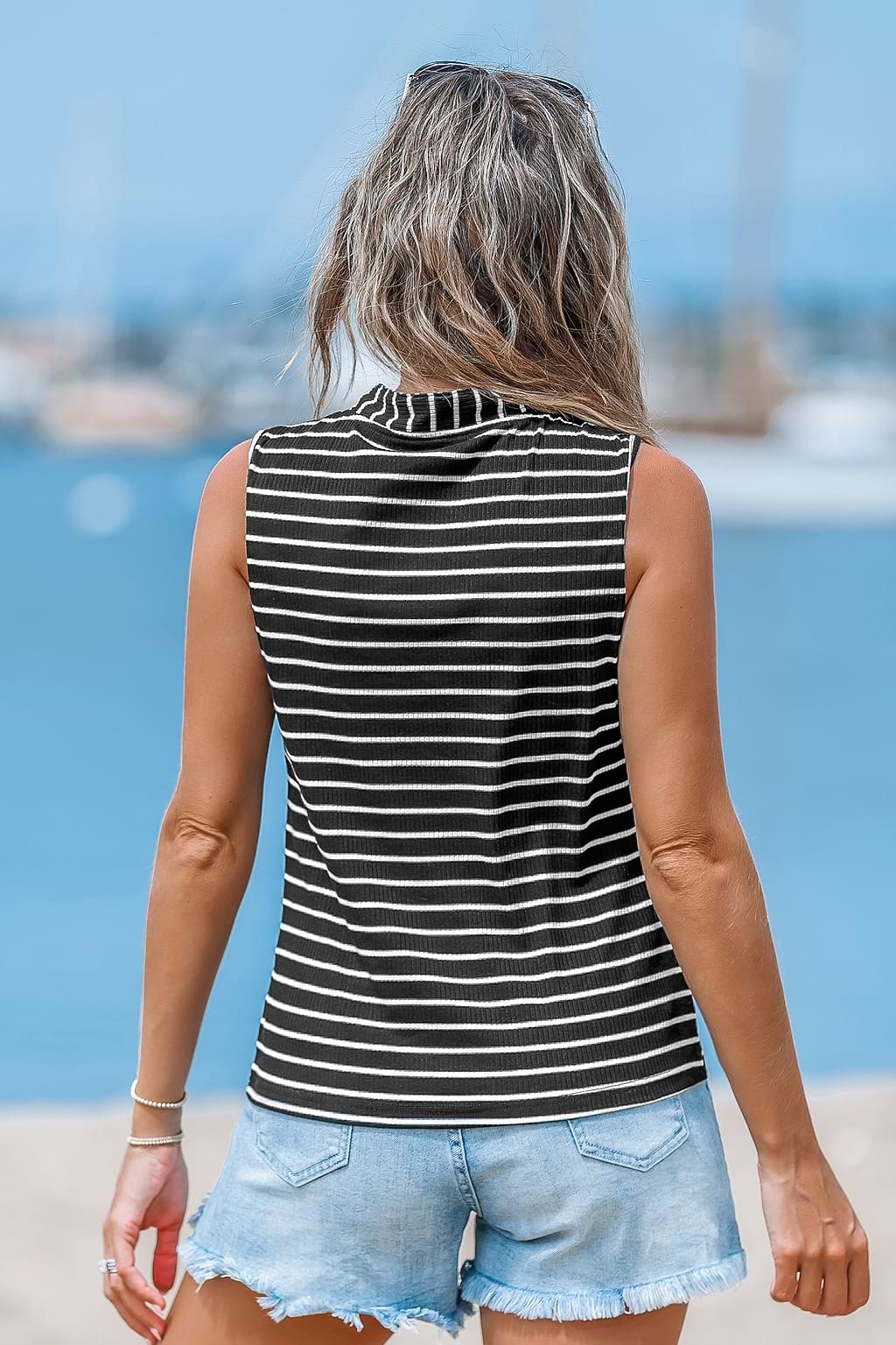 Striped V-Neck Front Button Tank