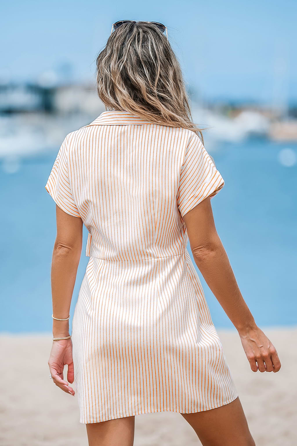 Orange Striped Collared Wrap Mini Dress