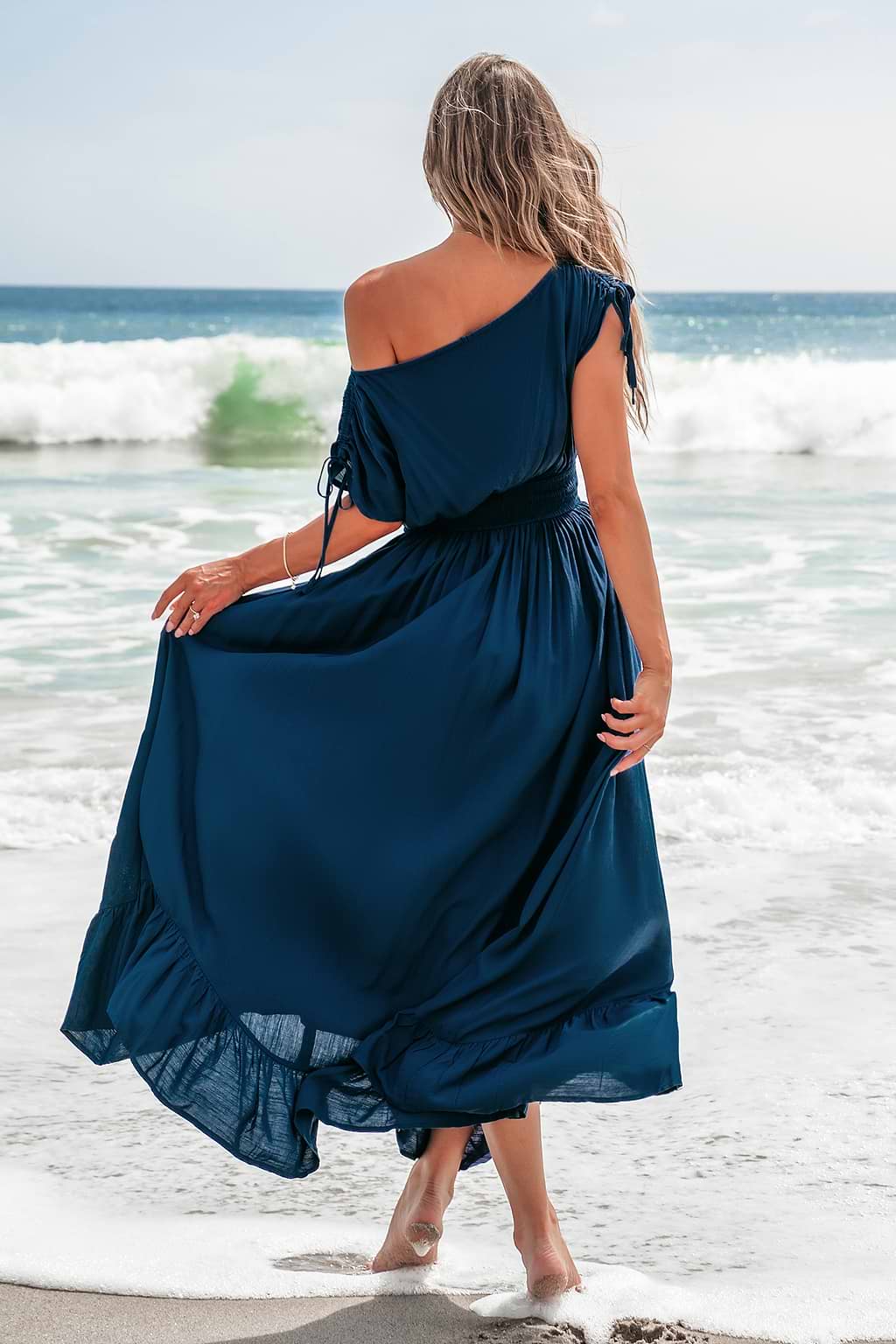 Blue Off-Shoulder Flounce Hem Midi Dress