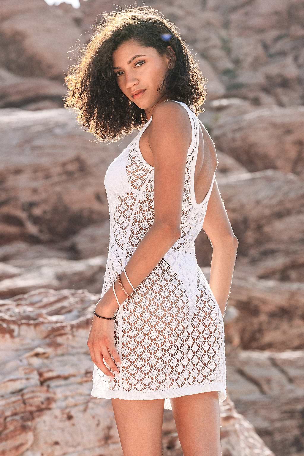 White Sleeveless Round Neck Mini Crochet Cover-Up