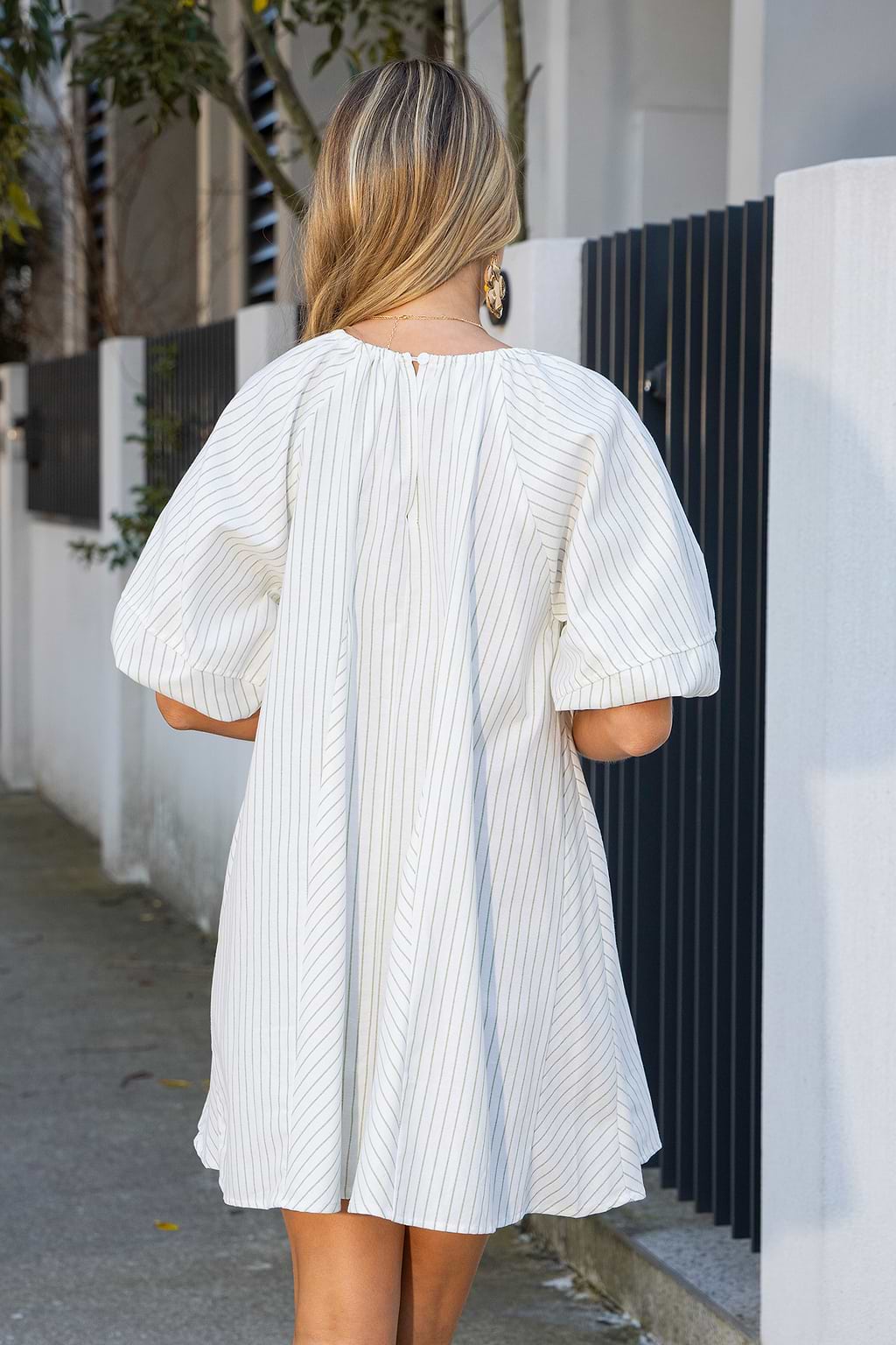 Green & White Stripe Puff Sleeve Mini Dress