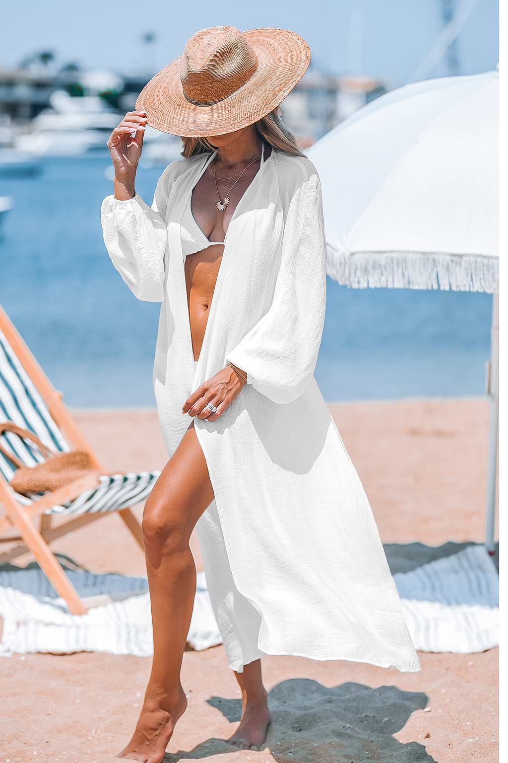 White Asymmetrical Long Sleeve Cover-Up