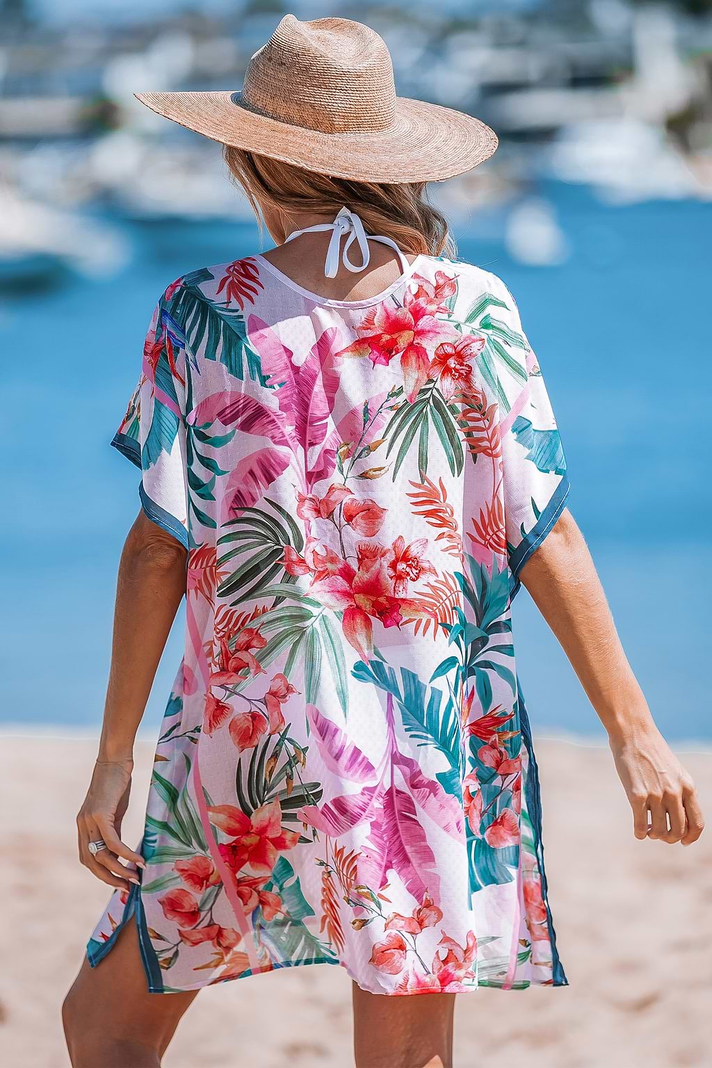 Tropical Round Neck Short Sleeve Mini Cover-Up