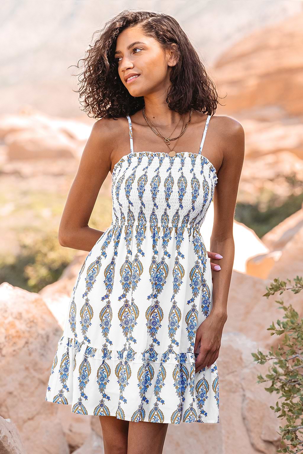 Ornate Print Smocked Cami Mini Dress