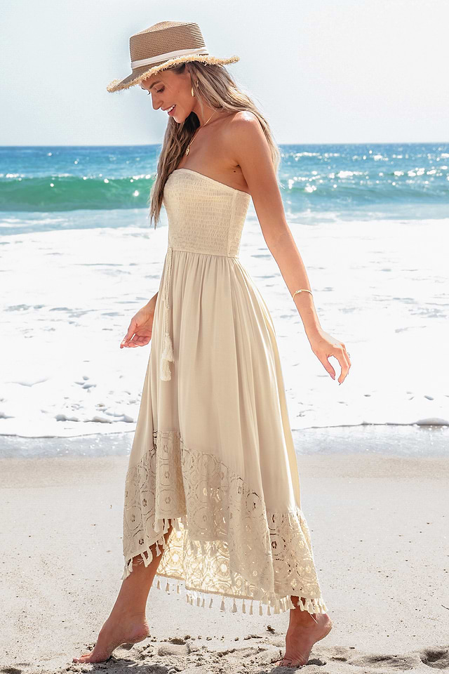 Cupshe Sand Smocked Tassel Tie Tube Dress - Neutral, XL