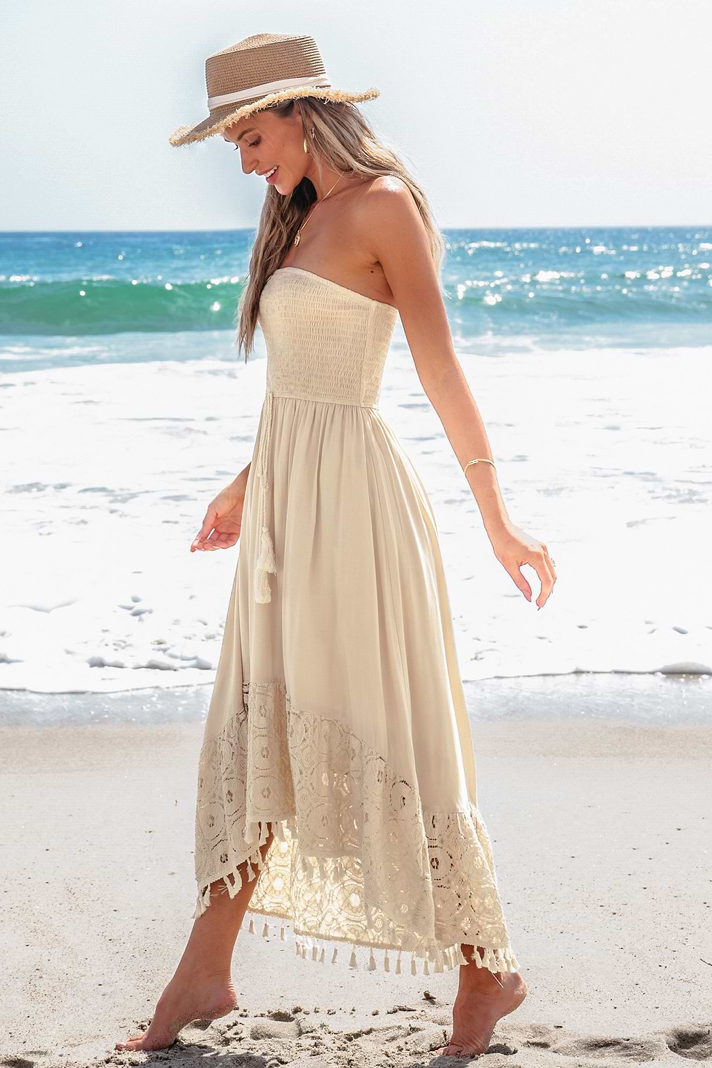 Sand Smocked Tassel Tie Tube Dress