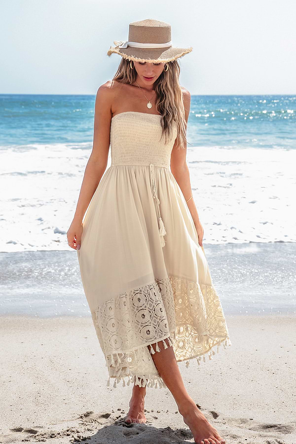 Sand Smocked Tassel Tie Tube Dress