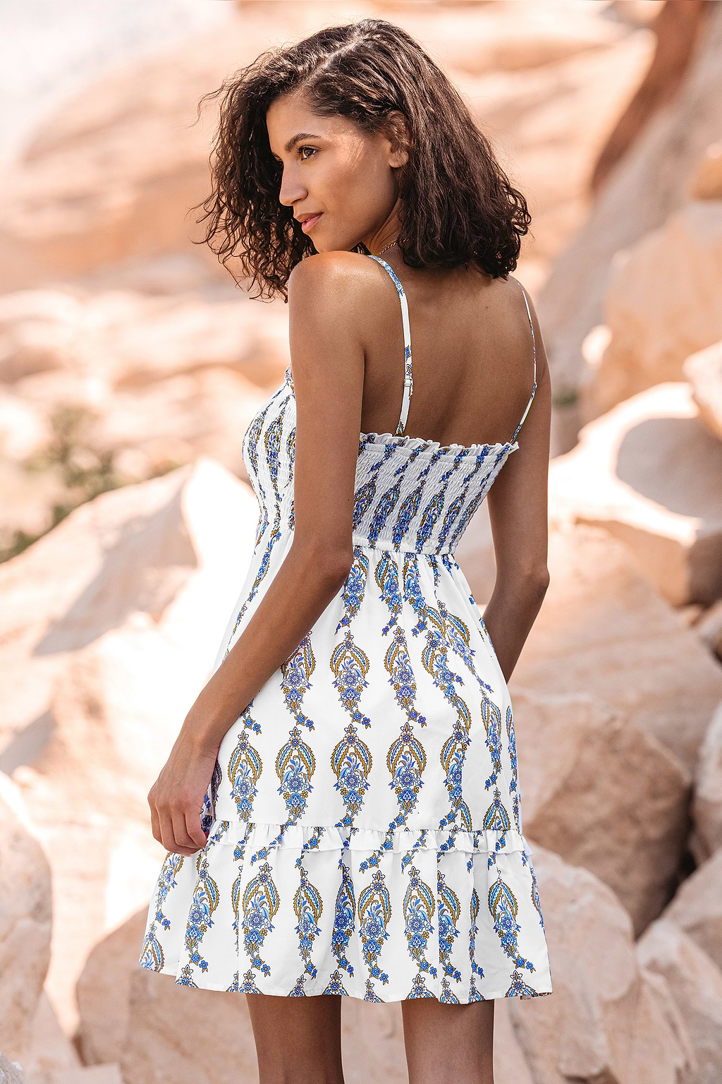 Ornate Print Smocked Cami Mini Dress