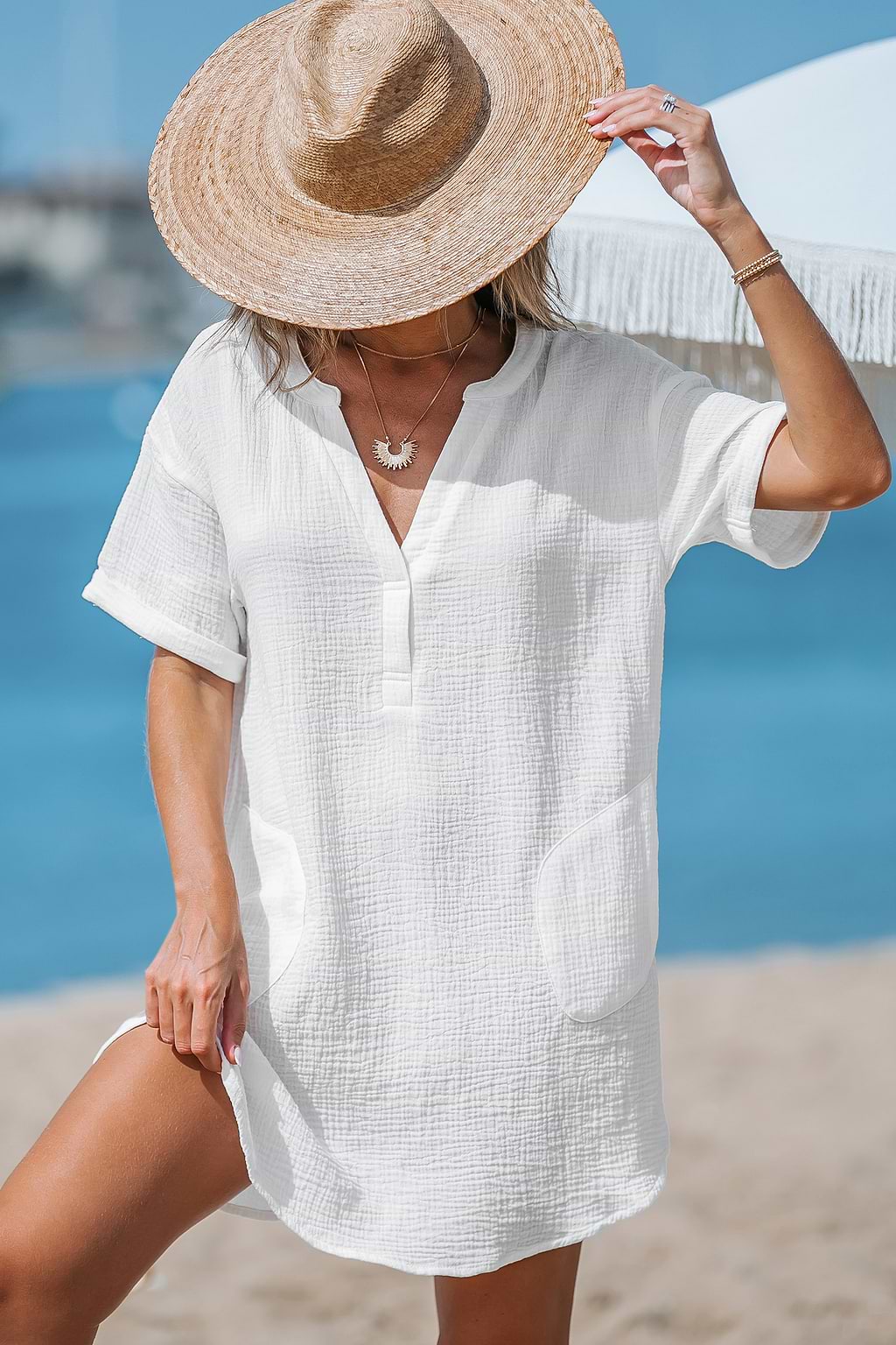 Reine Baumwolle Crinkle V-Ausschnitt Cover-Up Kleid