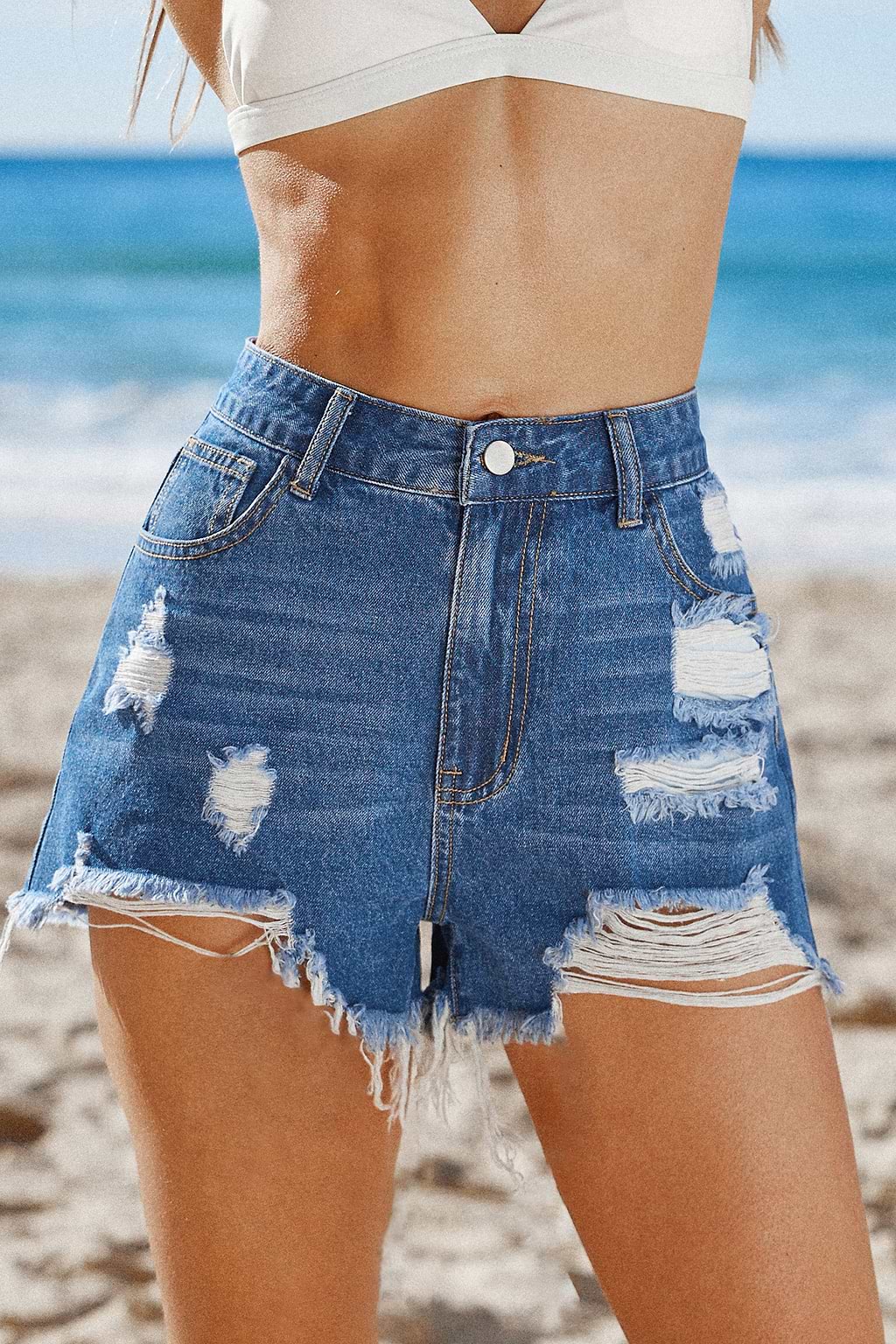 Denim Destroyed Straight Leg Shorts