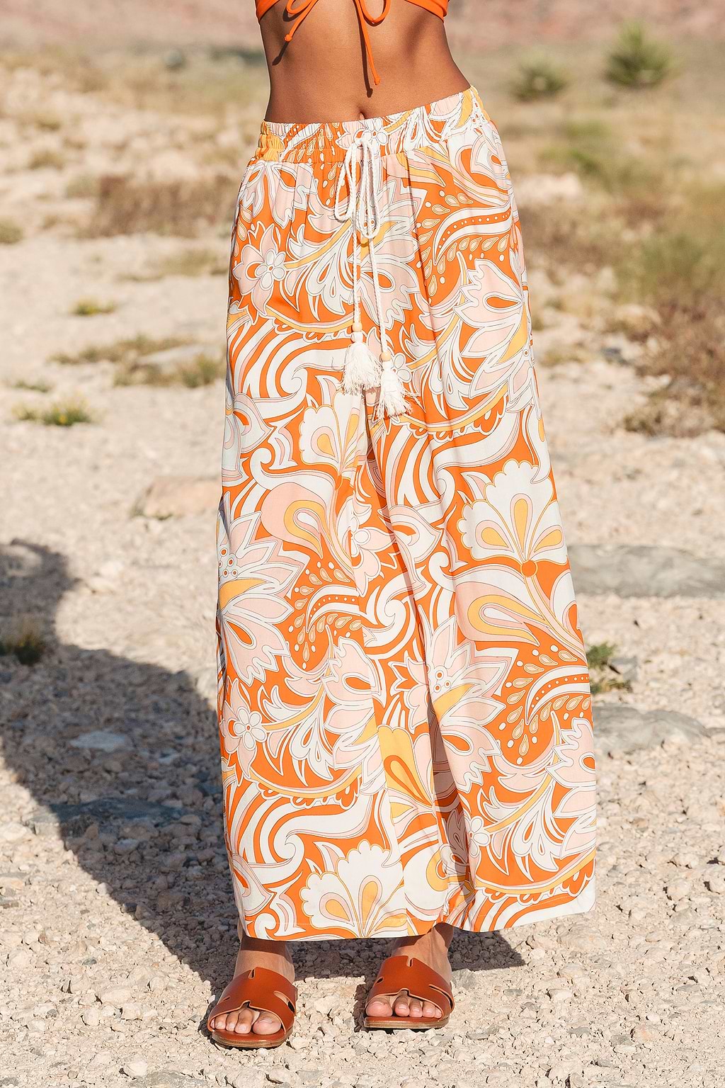 Orange Paisley Elastic Waist Wide Leg Pants