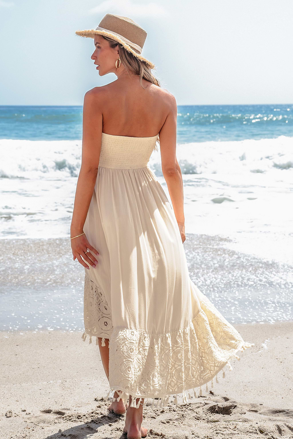 Sand Smocked Tassel Tie Tube Dress