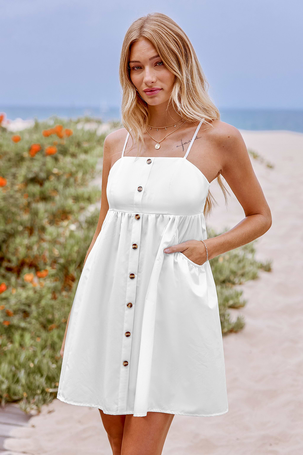White Button-Front Cami Dress