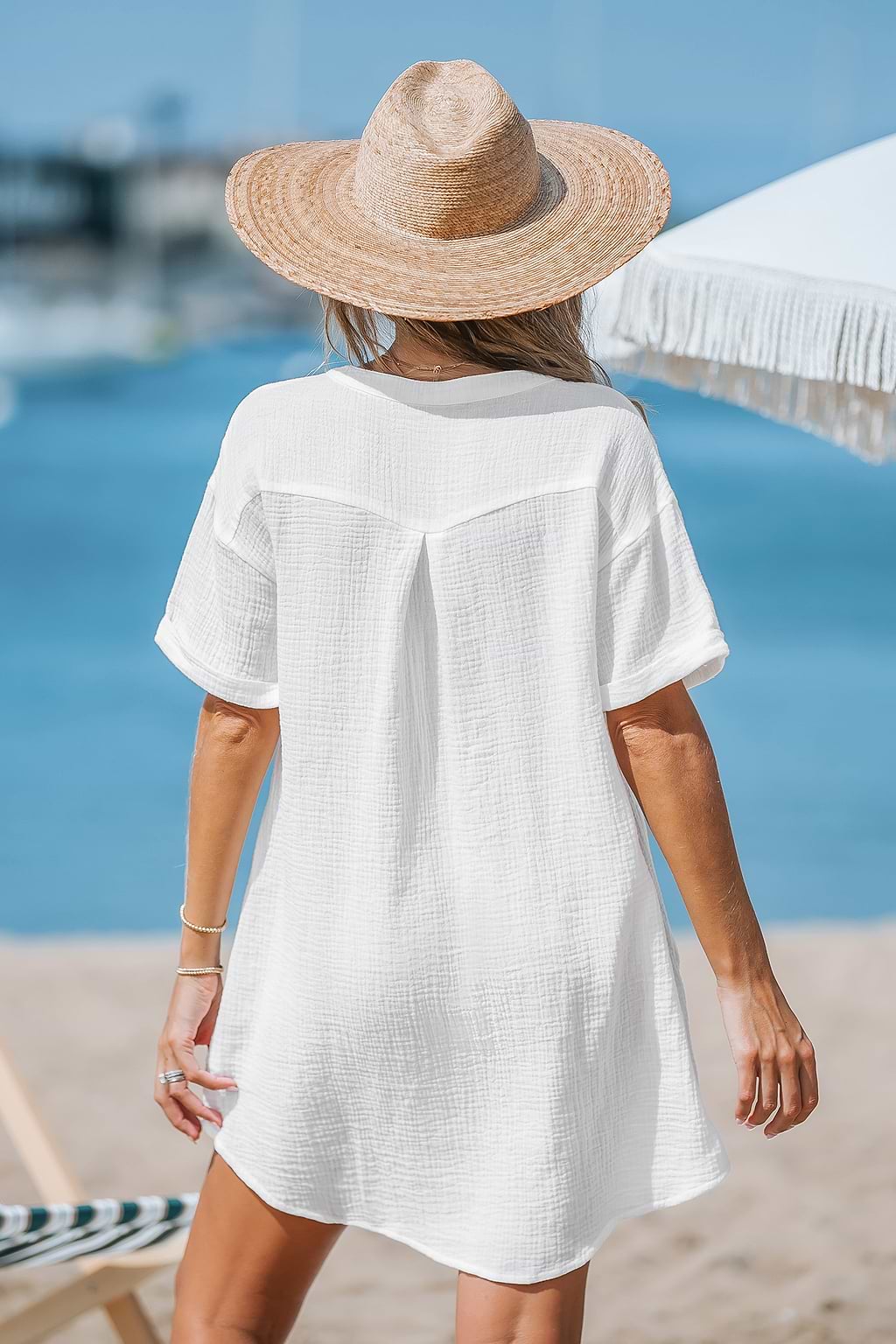 Reine Baumwolle Crinkle V-Ausschnitt Cover-Up Kleid