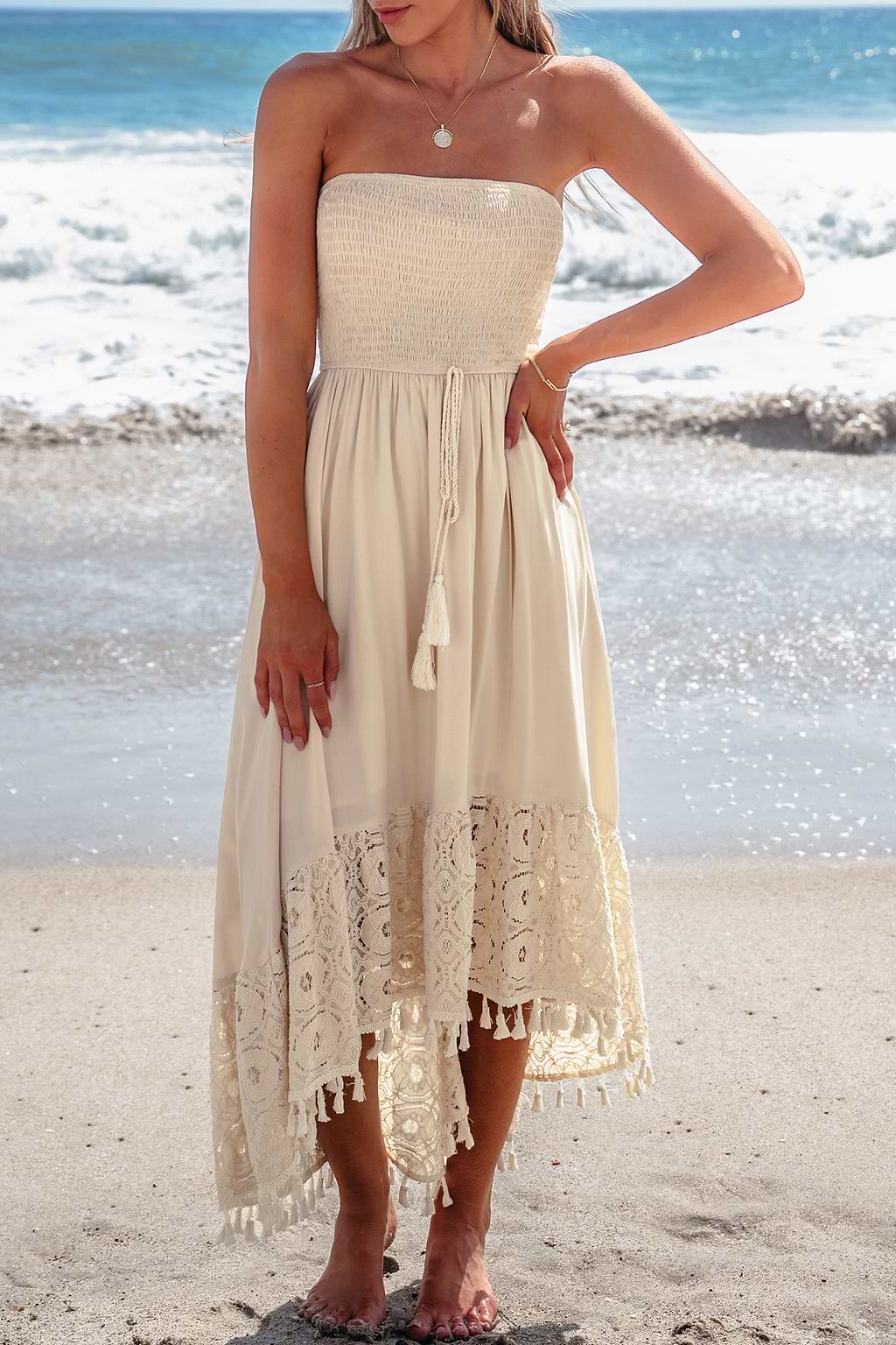 Sand Smocked Tassel Tie Tube Dress