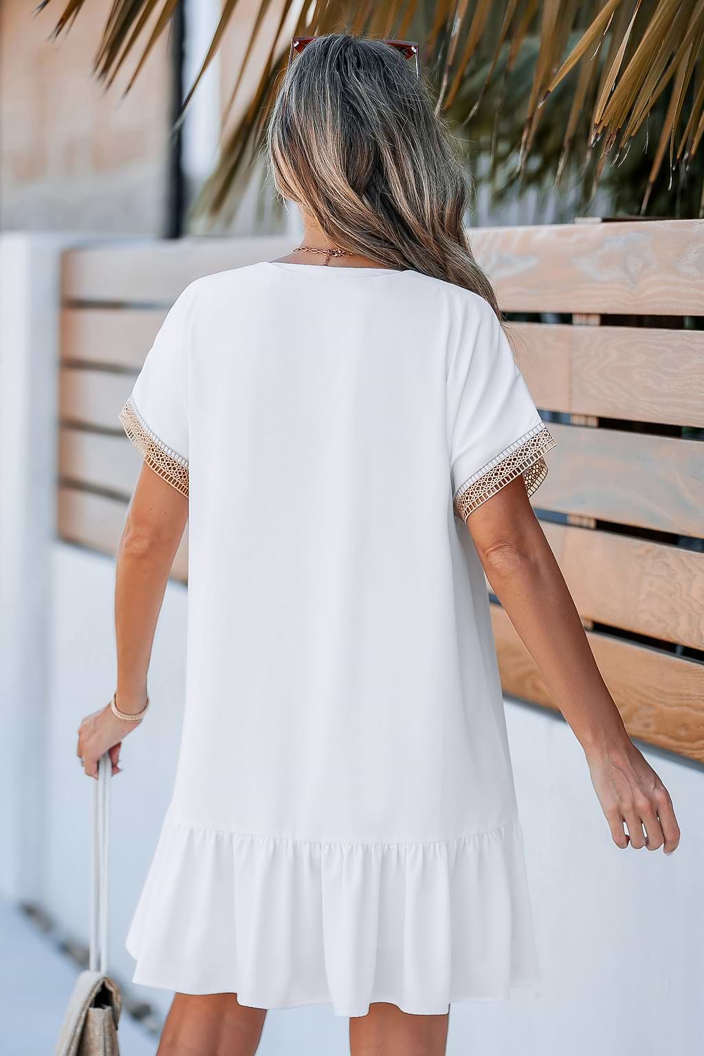 Ivory Lace Trim Flounce Hem Mini Dress