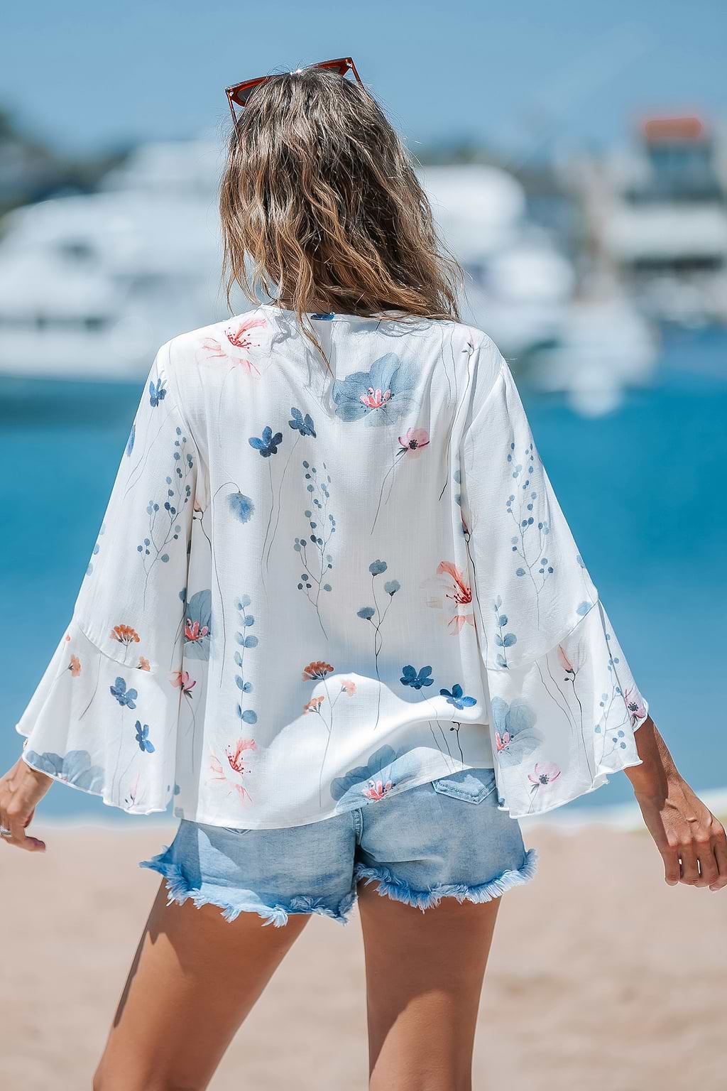Floral V-Neck Ruffled Sleeve Blouse