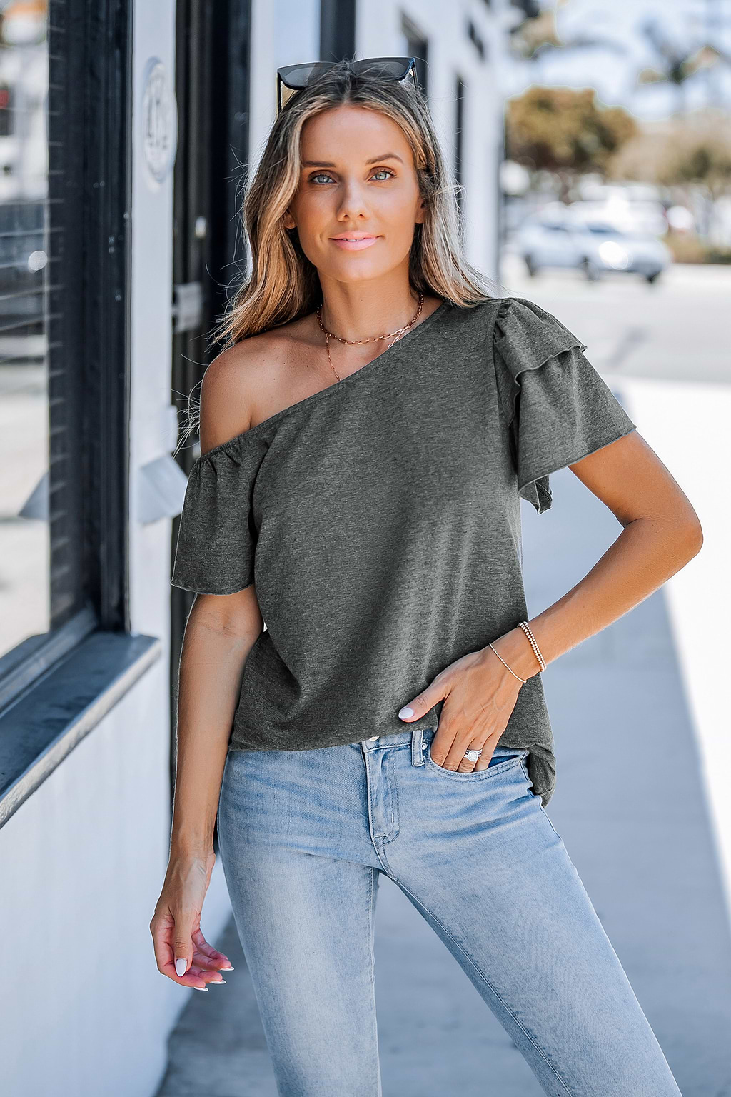 Grey Off-Shoulder Tiered Sleeve Tee