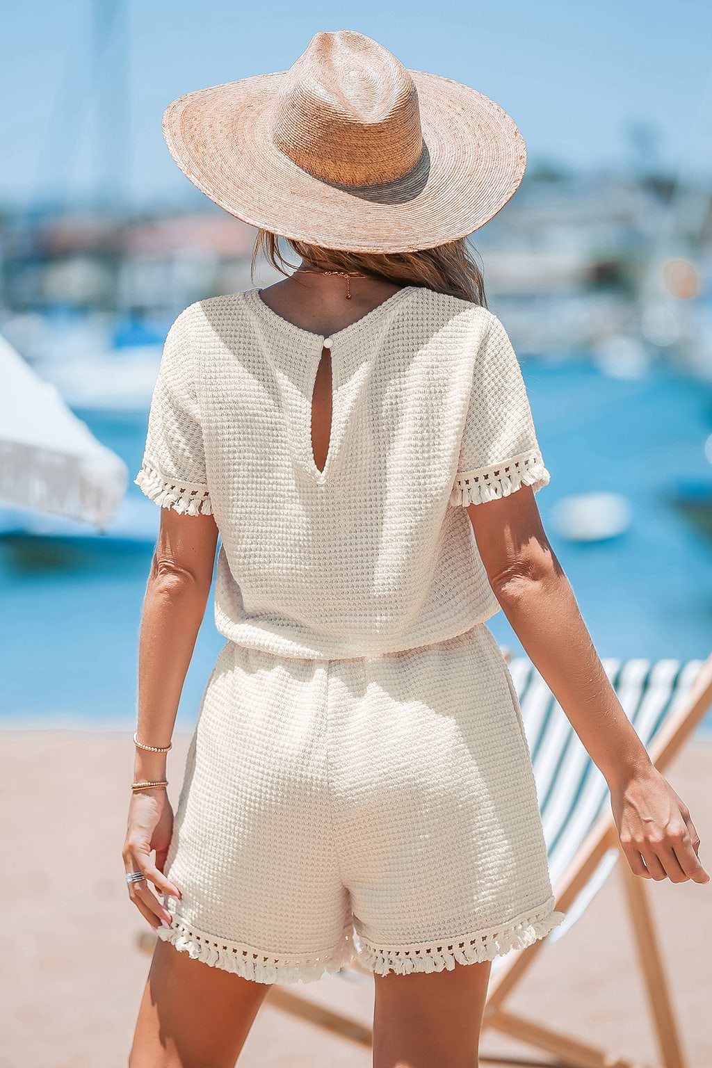 Beige Knit Short Sleeve Straight Leg Fringe Romper