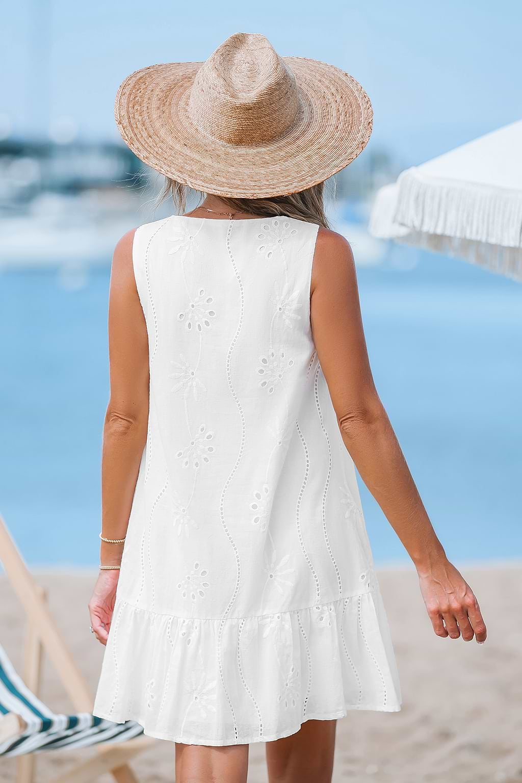 White Eyelet Linen Sleeveless Front Button Mini Dress