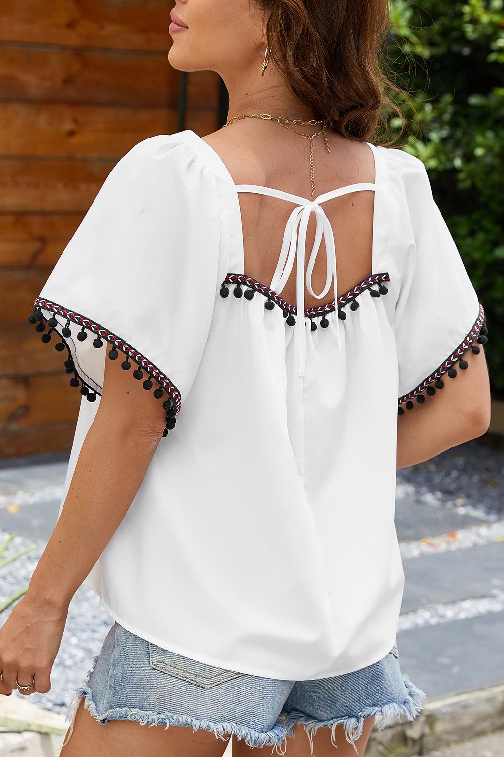 White Square Neck Short Sleeve Pom-Pom Top