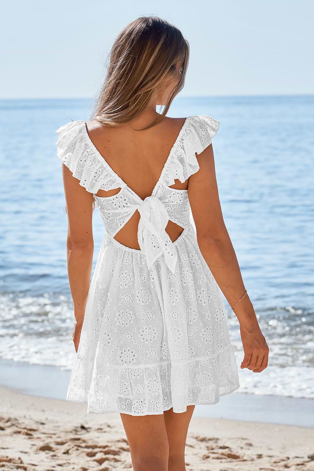 White Eyelet Flutter Sleeve Tie Back Mini Dress