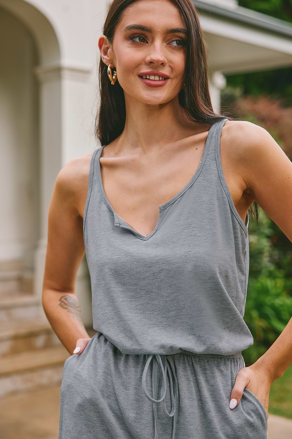 Grey Heathered Knit Drawstring Romper