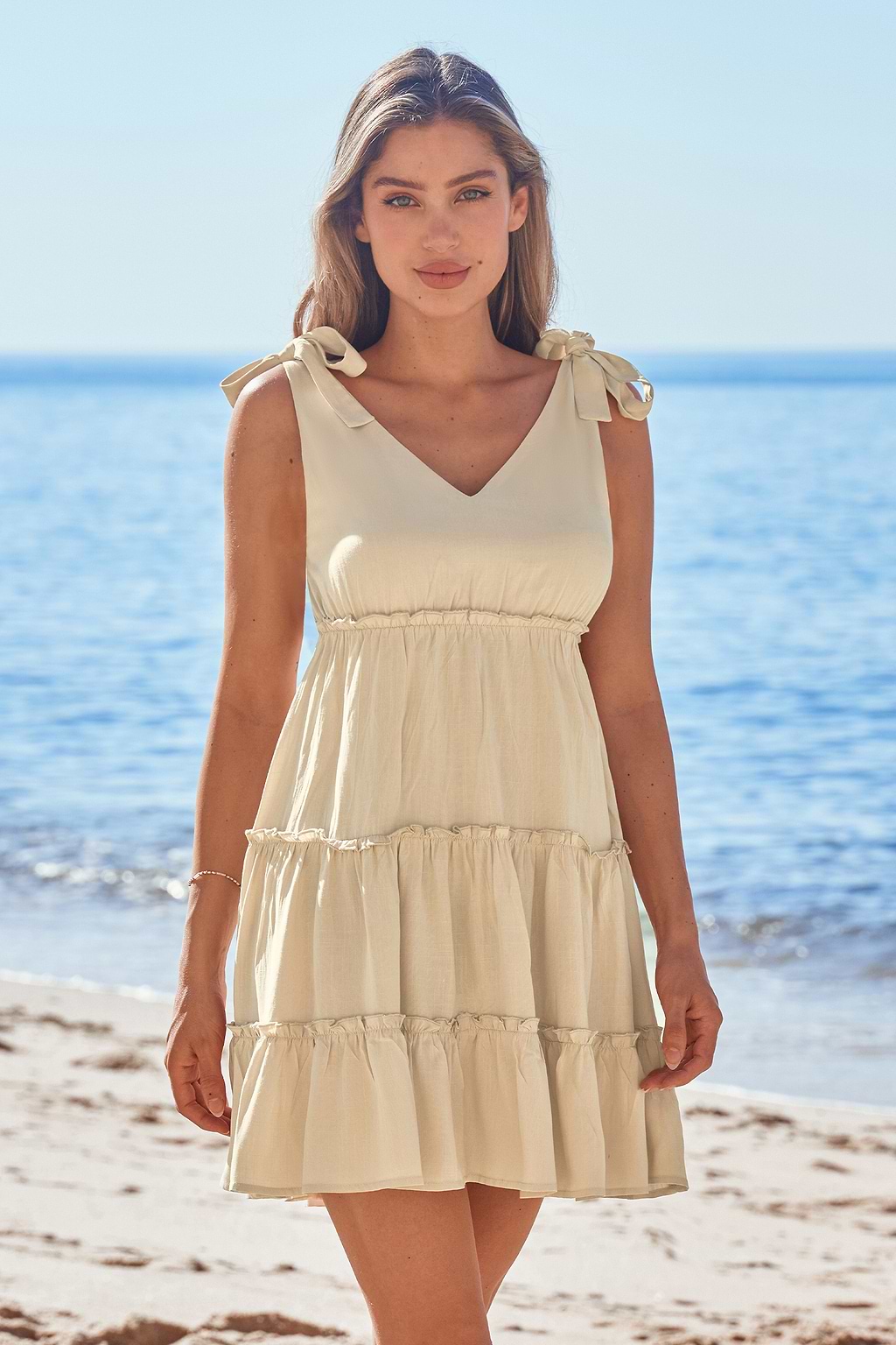 Neutral Sleeveless Tie Shoulder Mini Dress