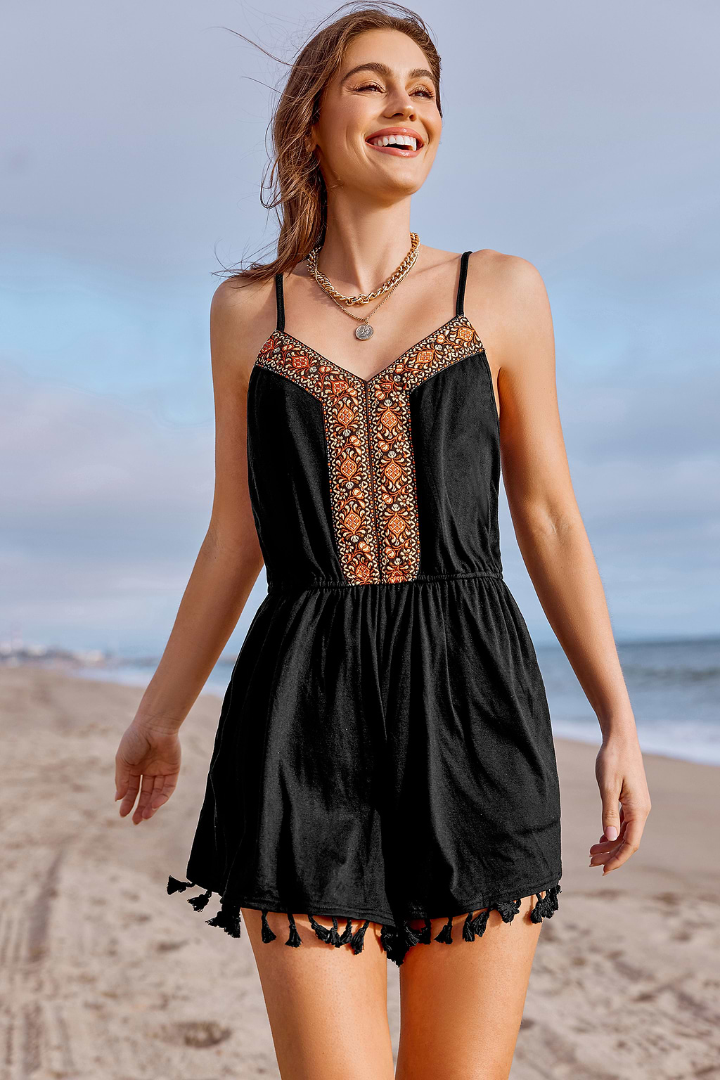 Black Diamond Neck Straight Leg Tassel Romper