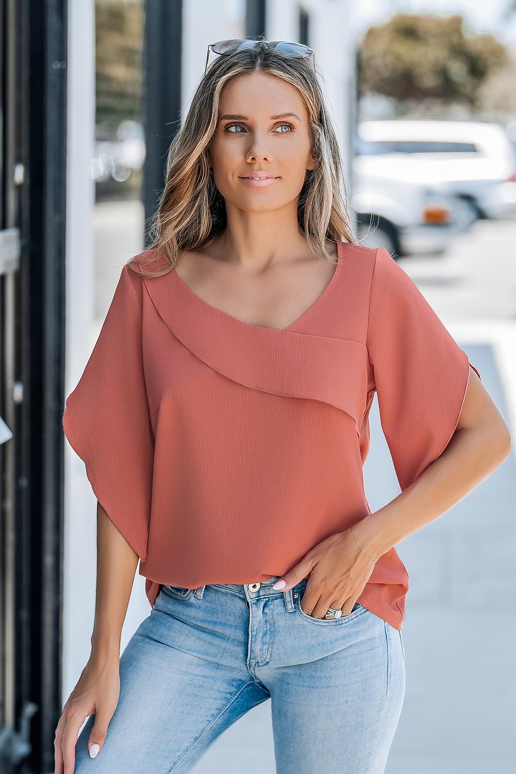 Brick Red Asymmetric Ruffle Short Sleeve Blouse