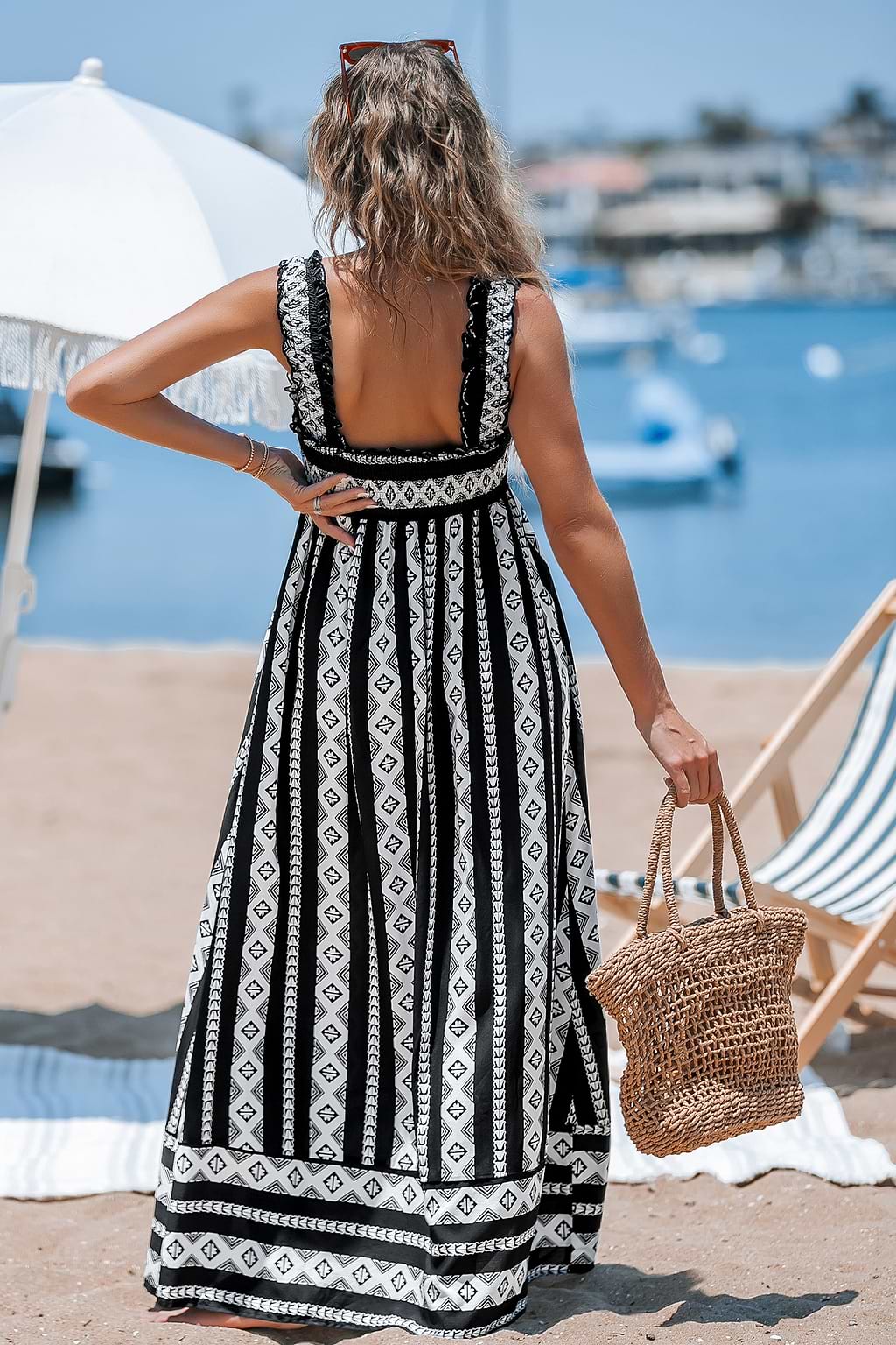 Geo Print Smocked Maxi Dress