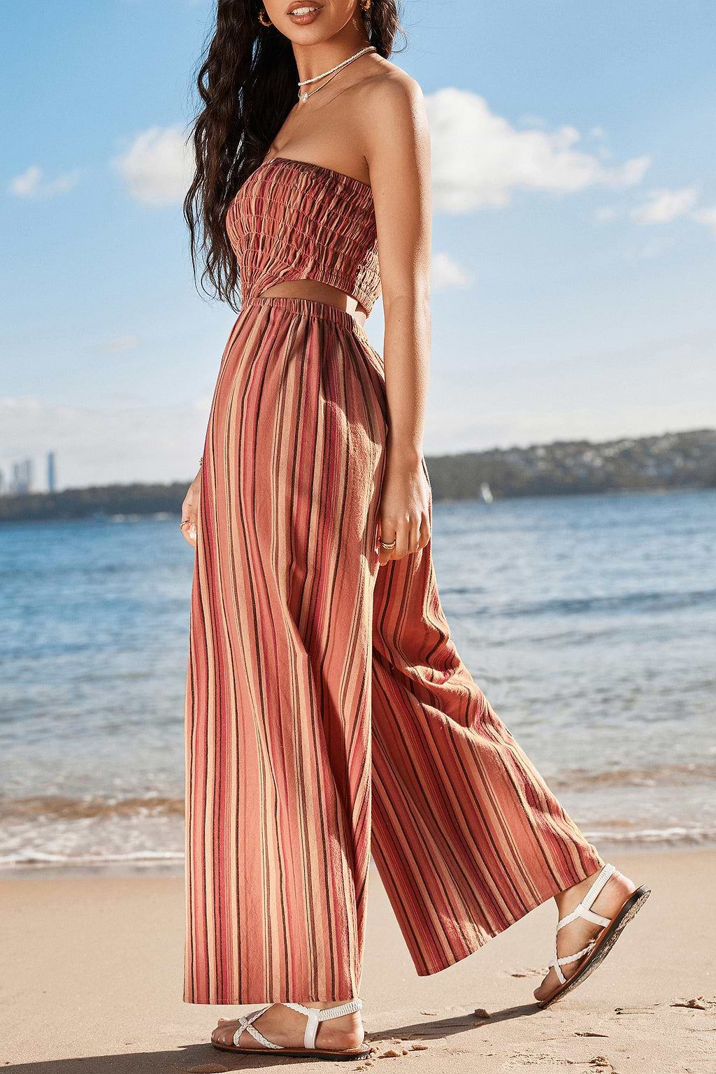 Red Striped Smocked Wide Leg Tube Jumpsuit