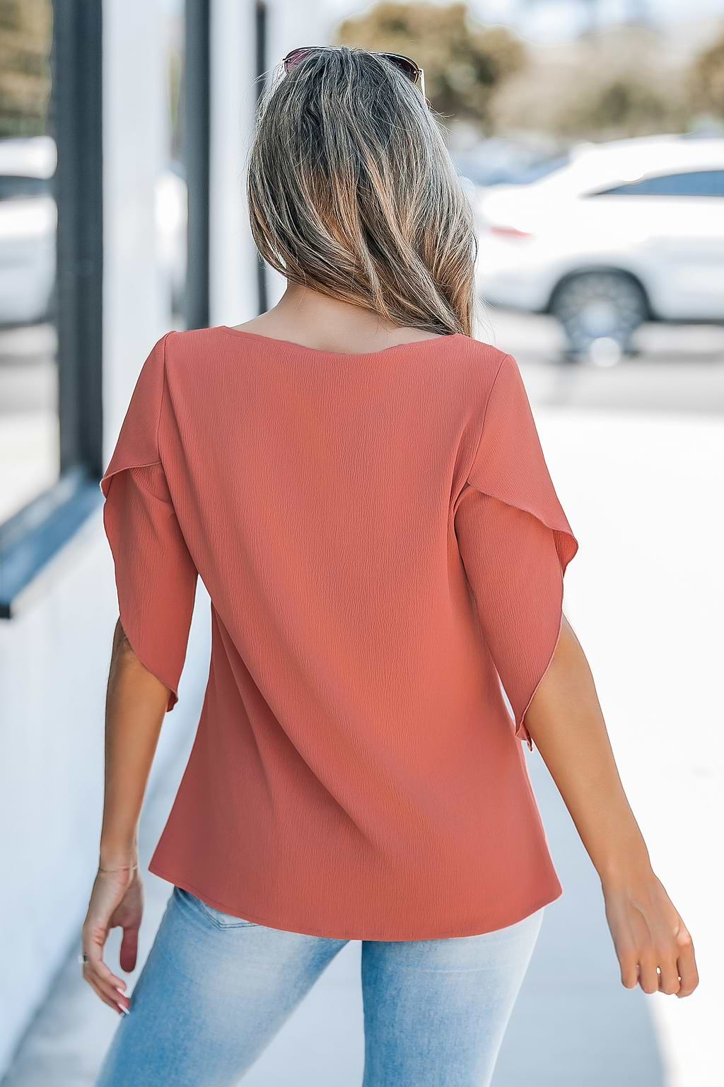Brick Red Asymmetric Ruffle Short Sleeve Blouse