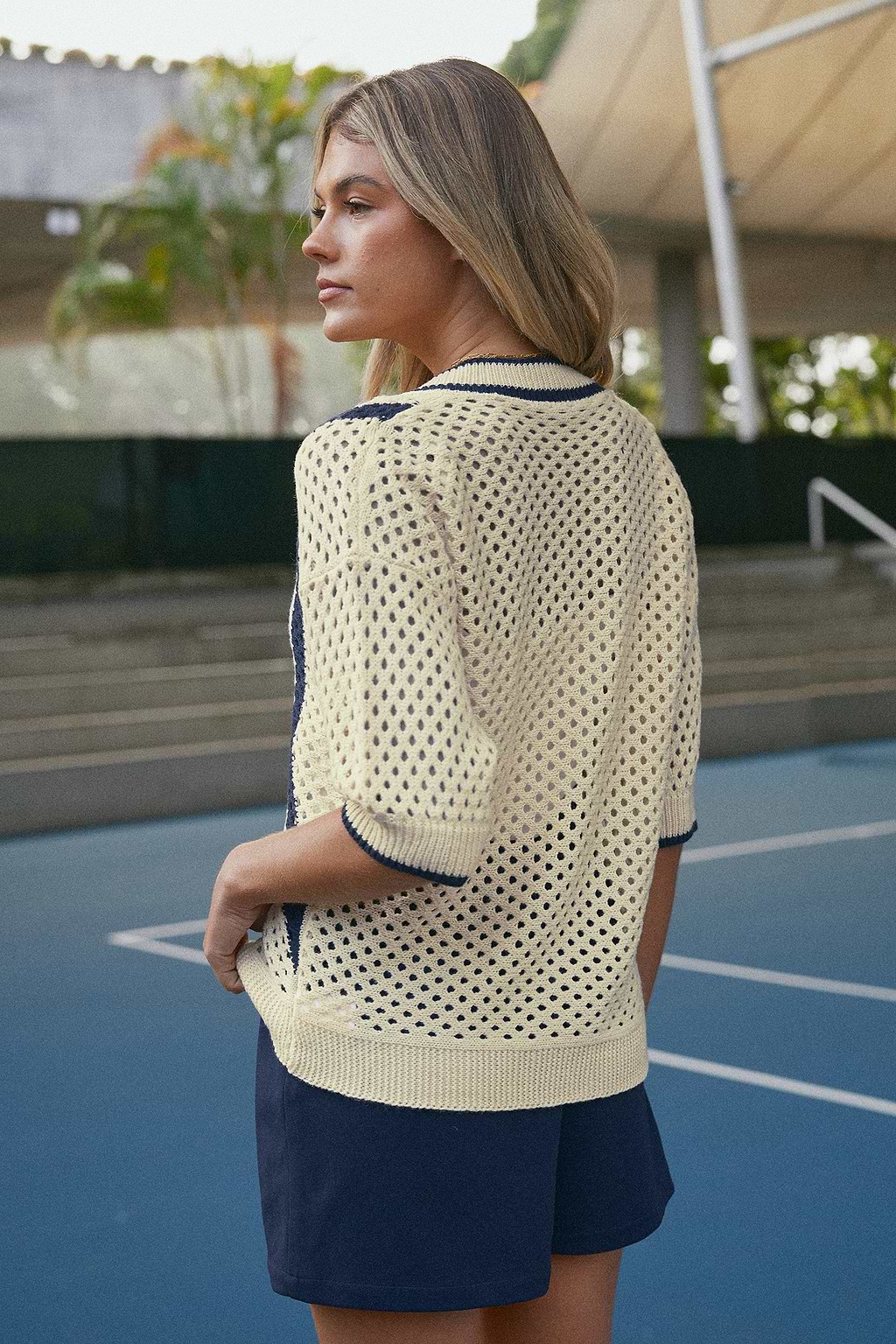 Khaki Colorblock Half Sleeve Open Knit Jumper