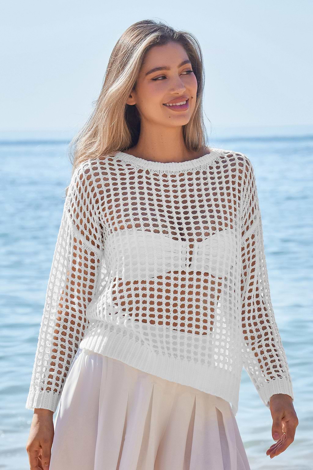 White Drop Shoulder Long Sleeve Cover-Up